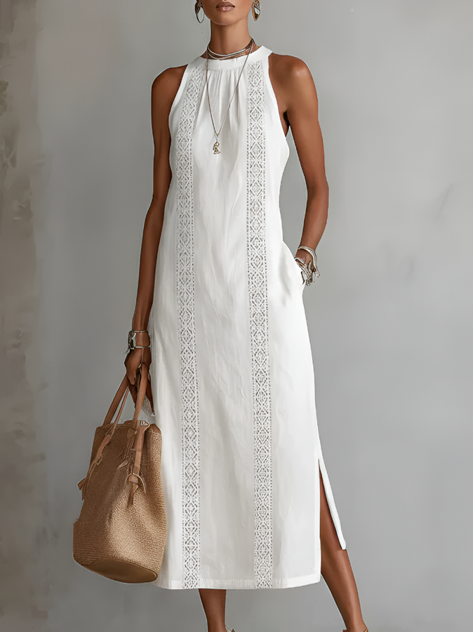 Tatiana | Linen Blend Midi Dress with Mandarin Collar