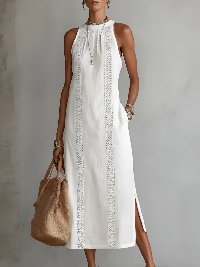 Jimena | Linen Blend Midi Dress with Mandarin Collar