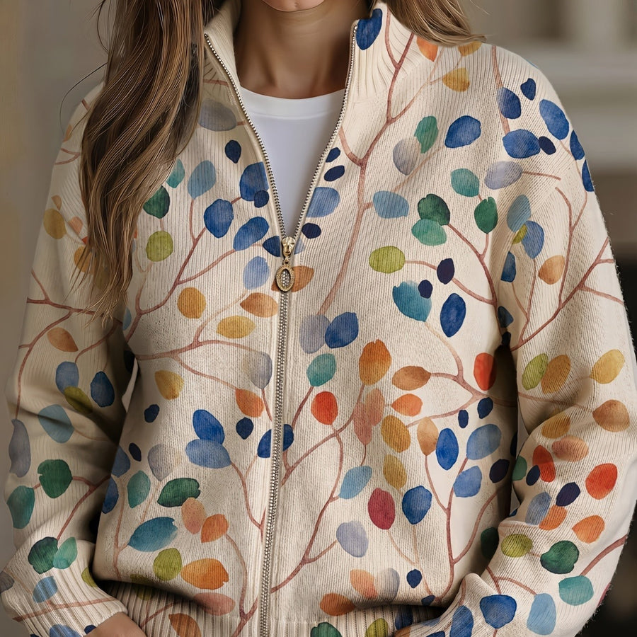 Delphine | Botanical Leaf Print Zip Cardigan