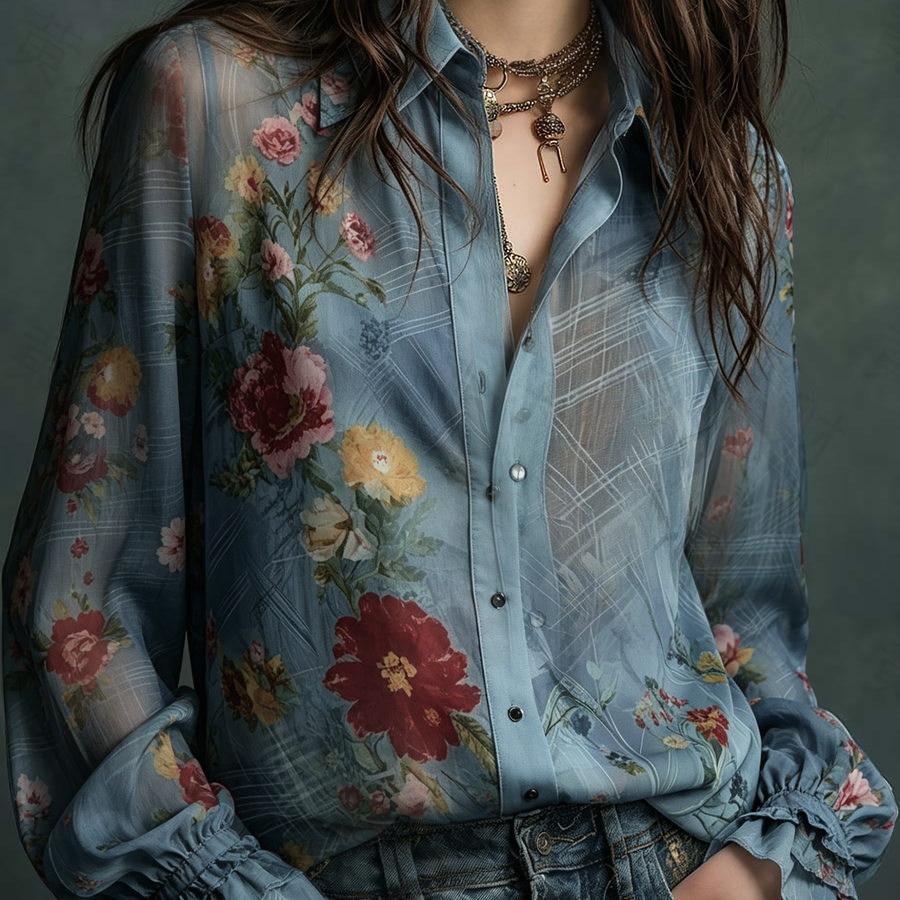 Vintage Boho Sheer Floral Button-Up Blouse
