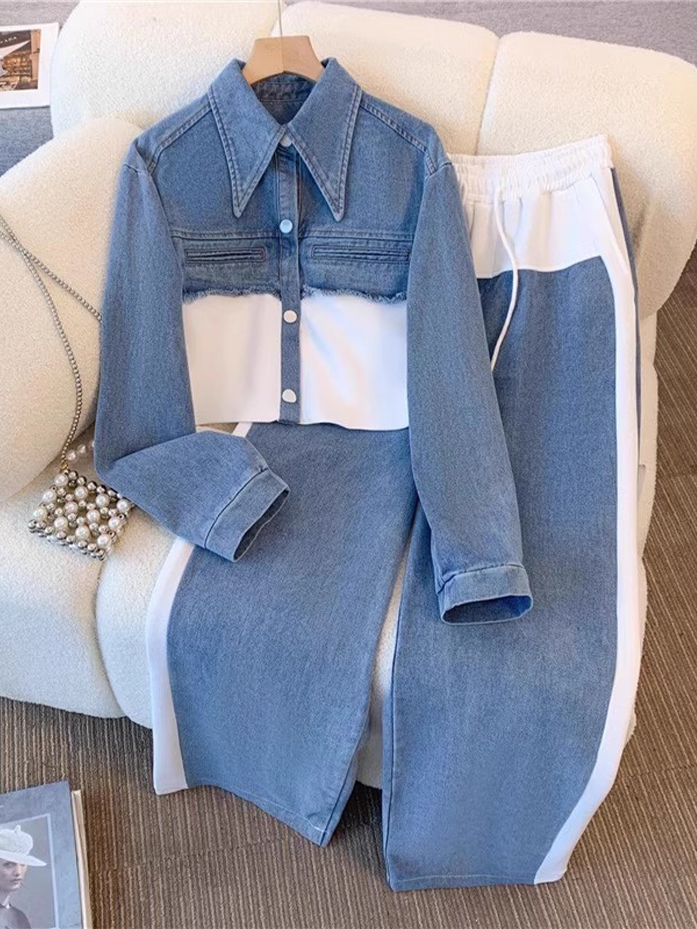 Holbrook | Colour-Block Cropped Jacket & Wide-Leg Trousers Set