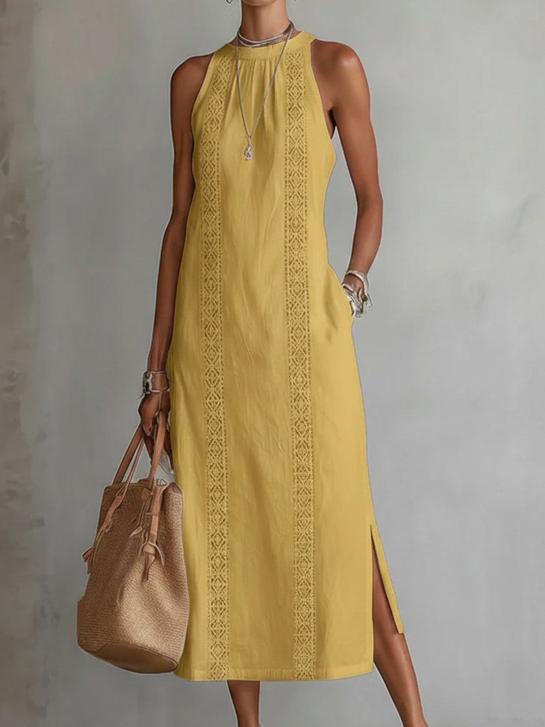 Tatiana | Linen Blend Midi Dress with Mandarin Collar