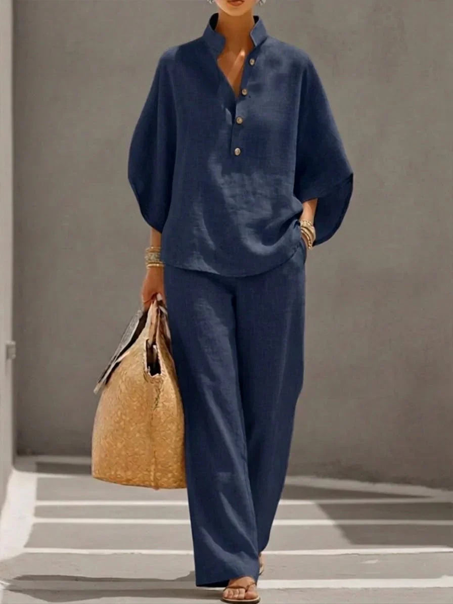 Maribel™ | Linen two-piece set with batwing sleeves and wide-leg pants