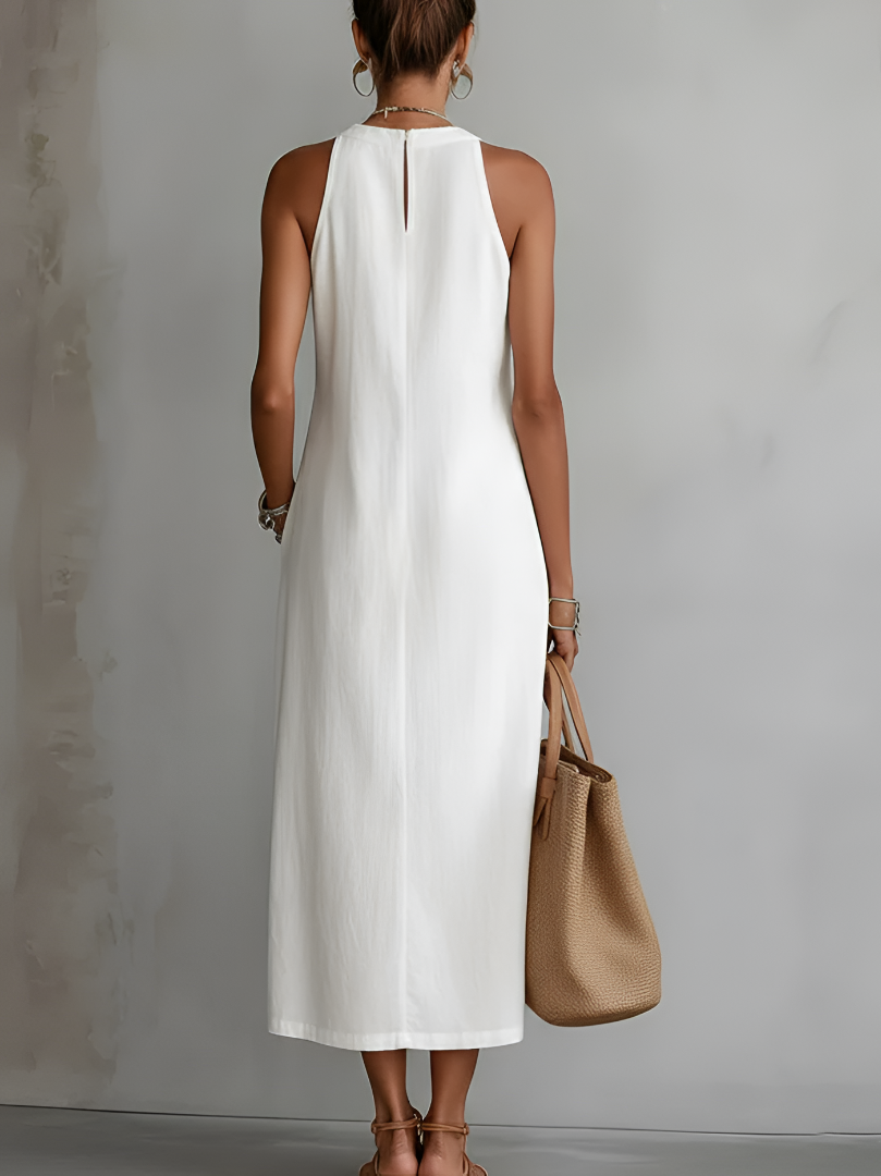 Tatiana | Linen Blend Midi Dress with Mandarin Collar