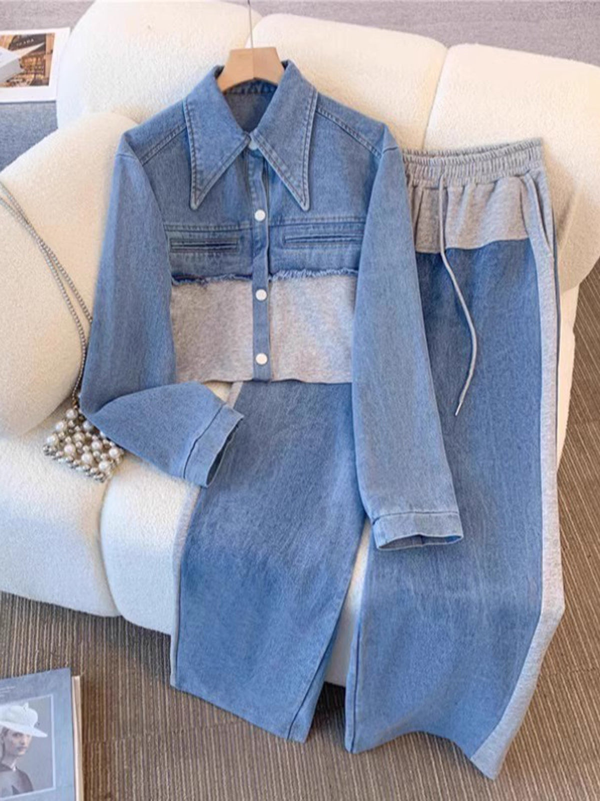 Holbrook | Colour-Block Cropped Jacket & Wide-Leg Trousers Set