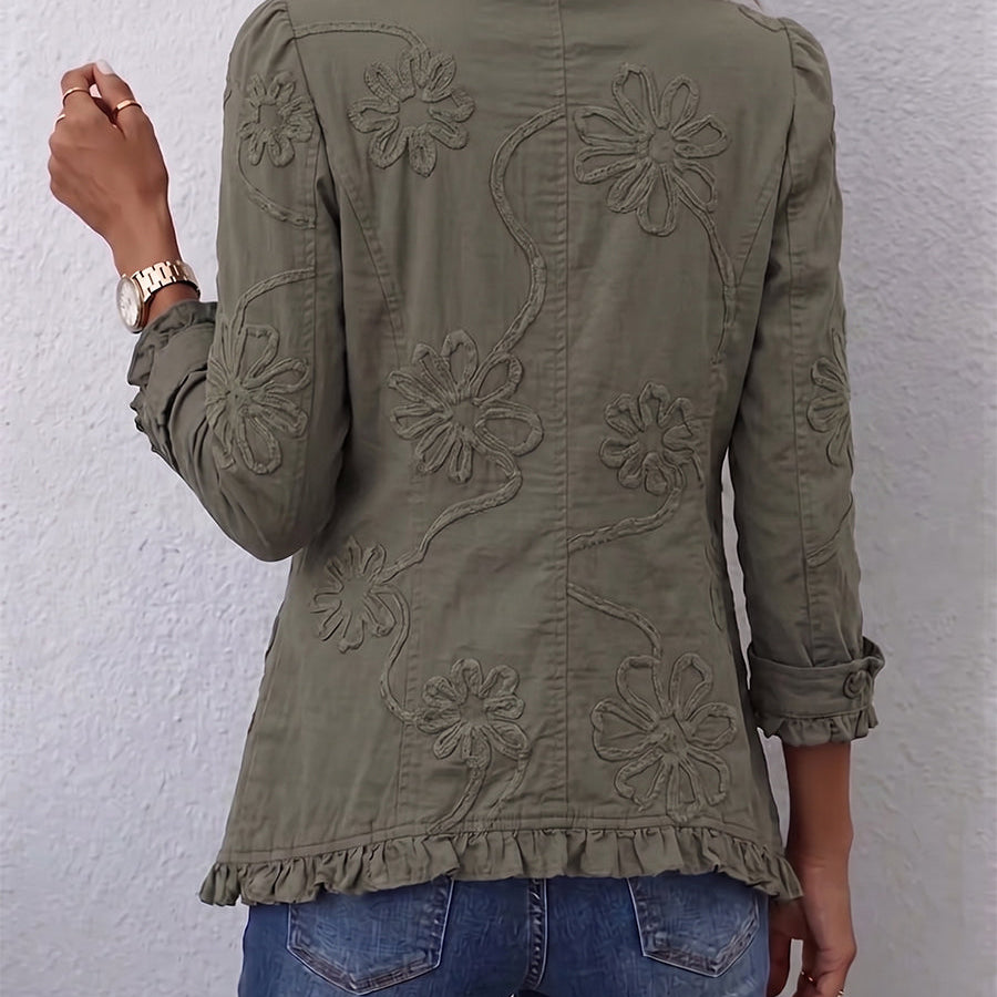 Kamberly™ | Boho-Chic Floral Embroidered Utility Ruffled Trim Jacket
