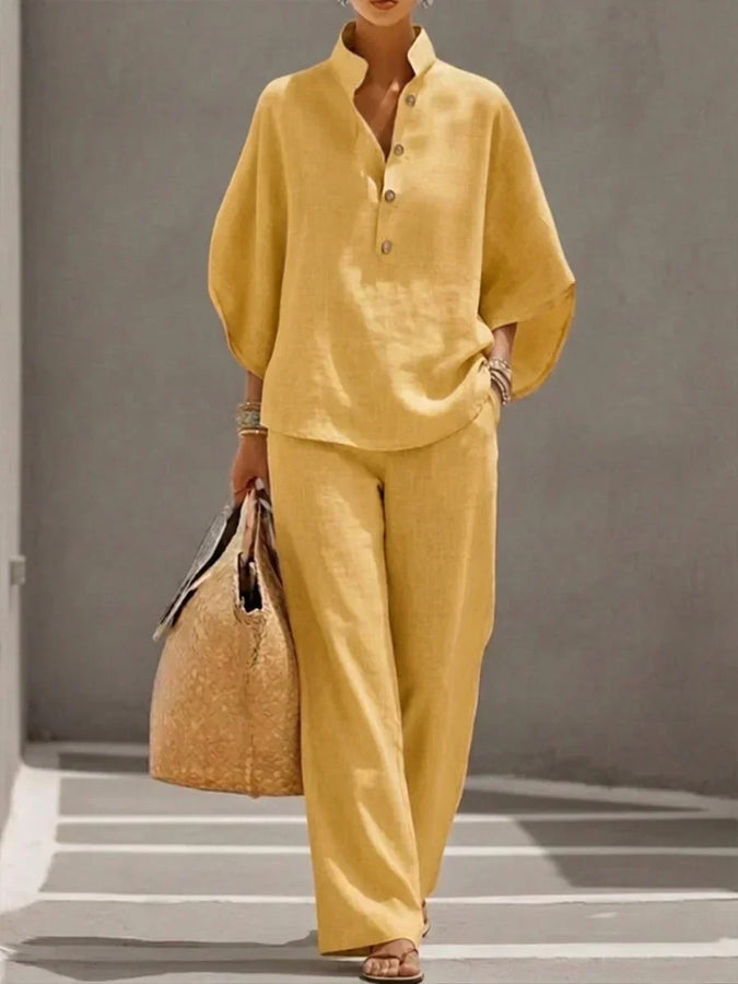 Maribel™ | Linen two-piece set with batwing sleeves and wide-leg pants