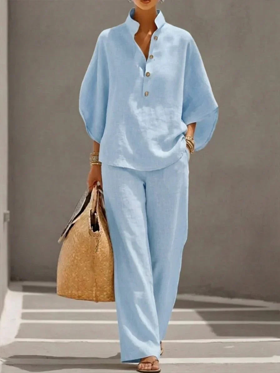 Maribel™ | Linen two-piece set with batwing sleeves and wide-leg pants