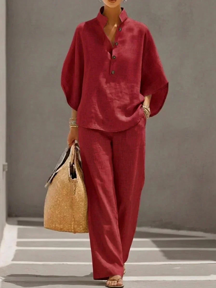 Maribel™ | Linen two-piece set with batwing sleeves and wide-leg pants