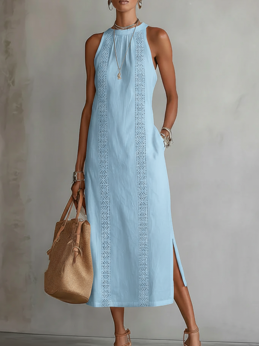 Jimena | Linen Blend Midi Dress with Mandarin Collar