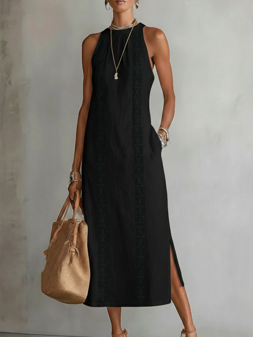 Tatiana | Linen Blend Midi Dress with Mandarin Collar
