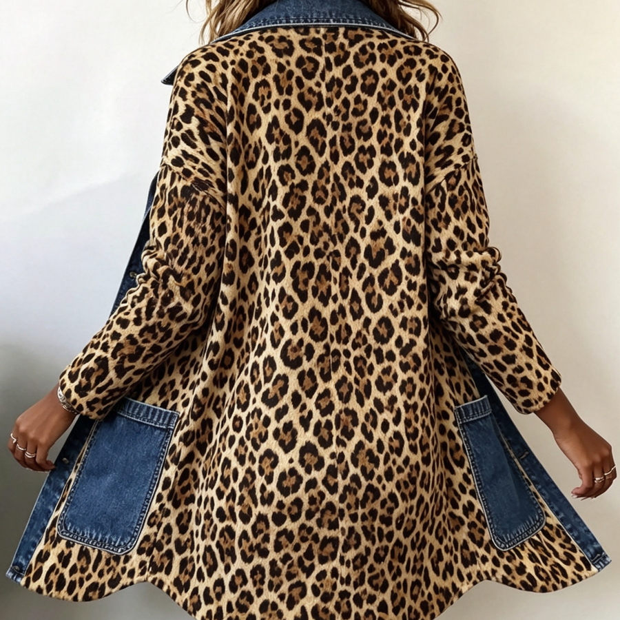 Fablenne™ | Leopard Print Denim Panel Contrast Longline Jacket