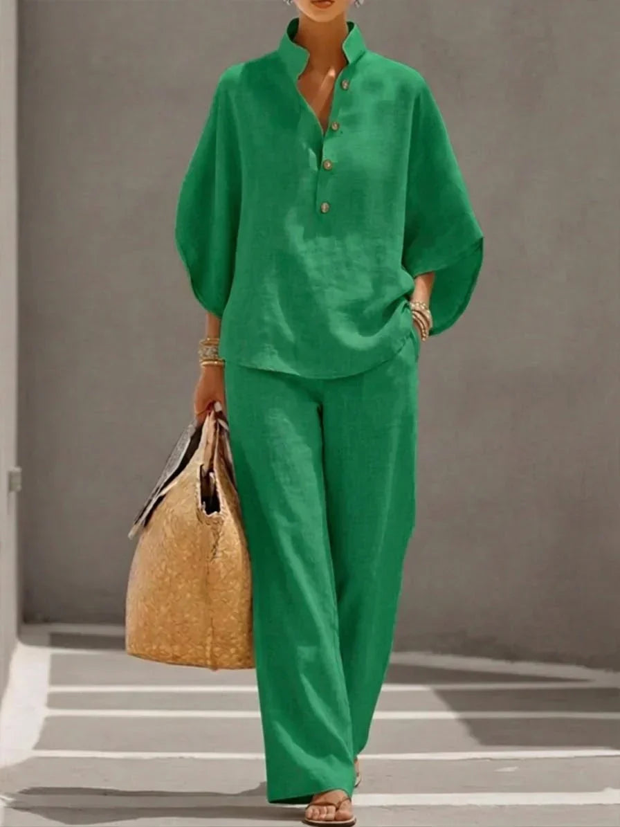 Maribel™ | Linen two-piece set with batwing sleeves and wide-leg pants