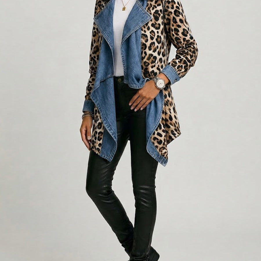 Sherilyn™ | Leopard Print & Washed Denim Paneled Mid-Length Jacket