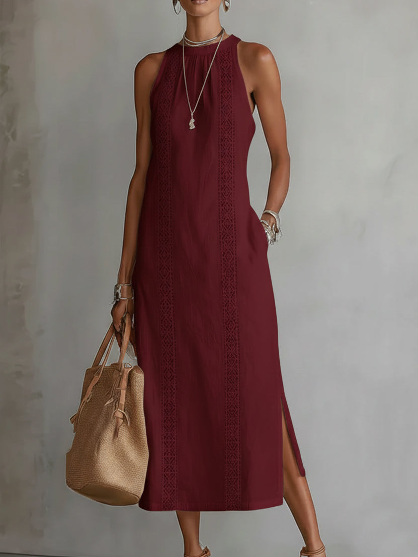 Tatiana | Linen Blend Midi Dress with Mandarin Collar
