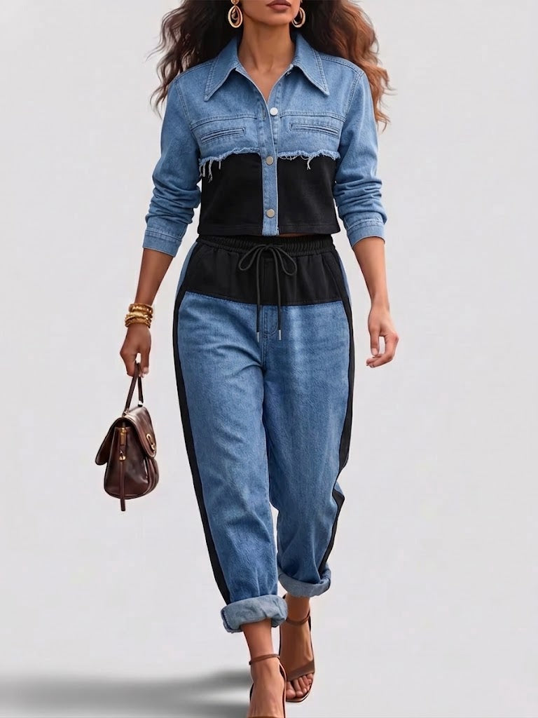 Holbrook | Colour-Block Cropped Jacket & Wide-Leg Trousers Set
