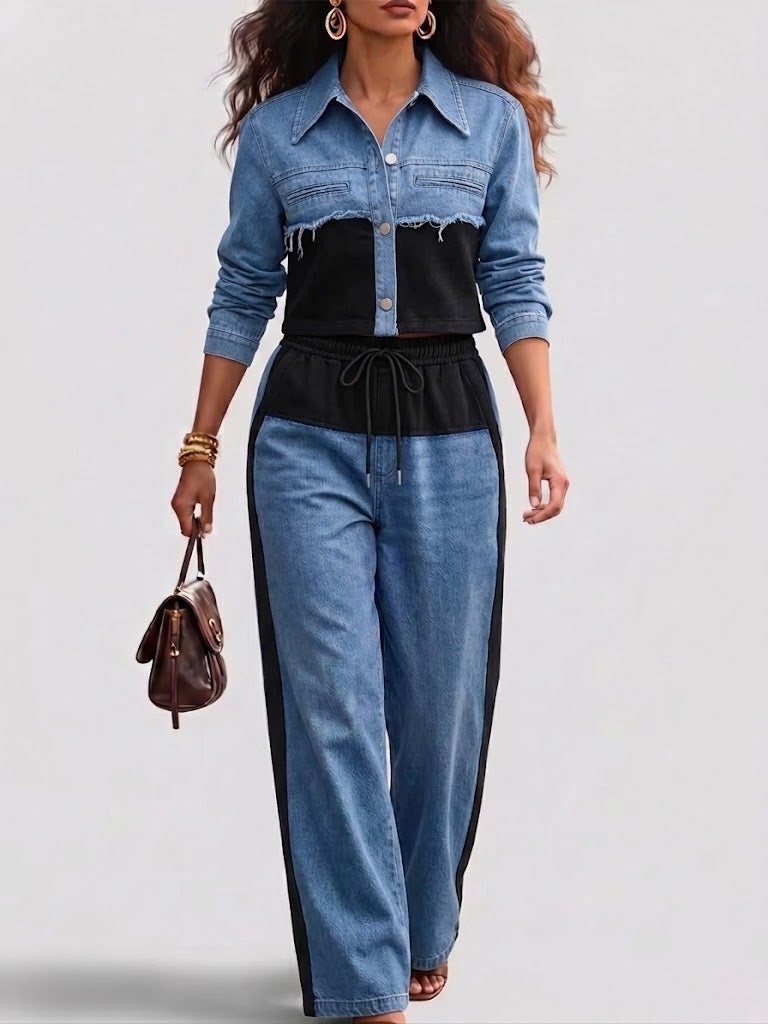 Holbrook | Colour-Block Cropped Jacket & Wide-Leg Trousers Set