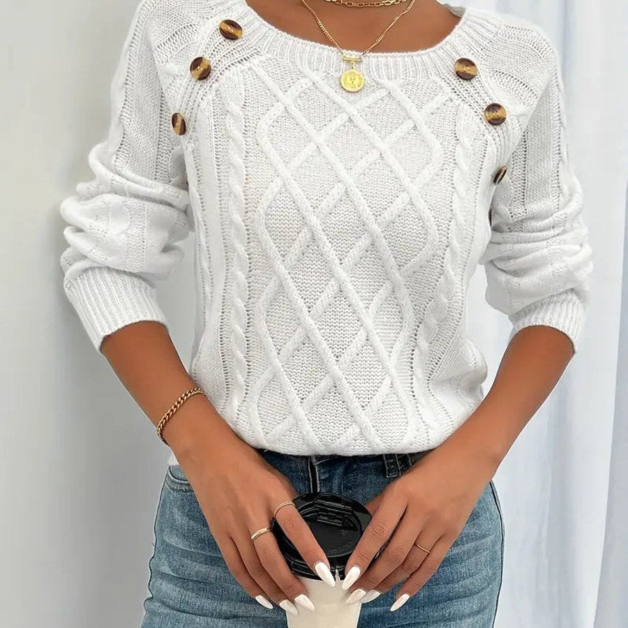 Penelope | Women's Cable Knit Sweater Raglan-Sleeve Button-Detail Pullover