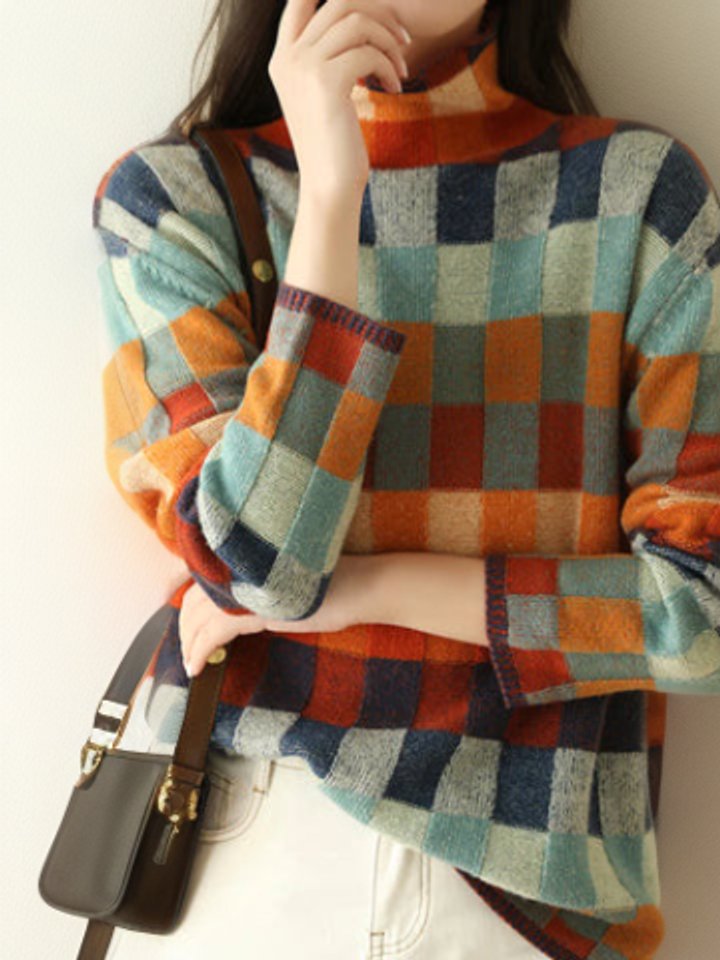 Madison | Women's Colour Block Turtleneck Knit Sweater Relaxed Pullover