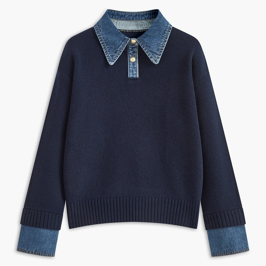Mia | Women's Denim-Collar Knit Polo Sweater
