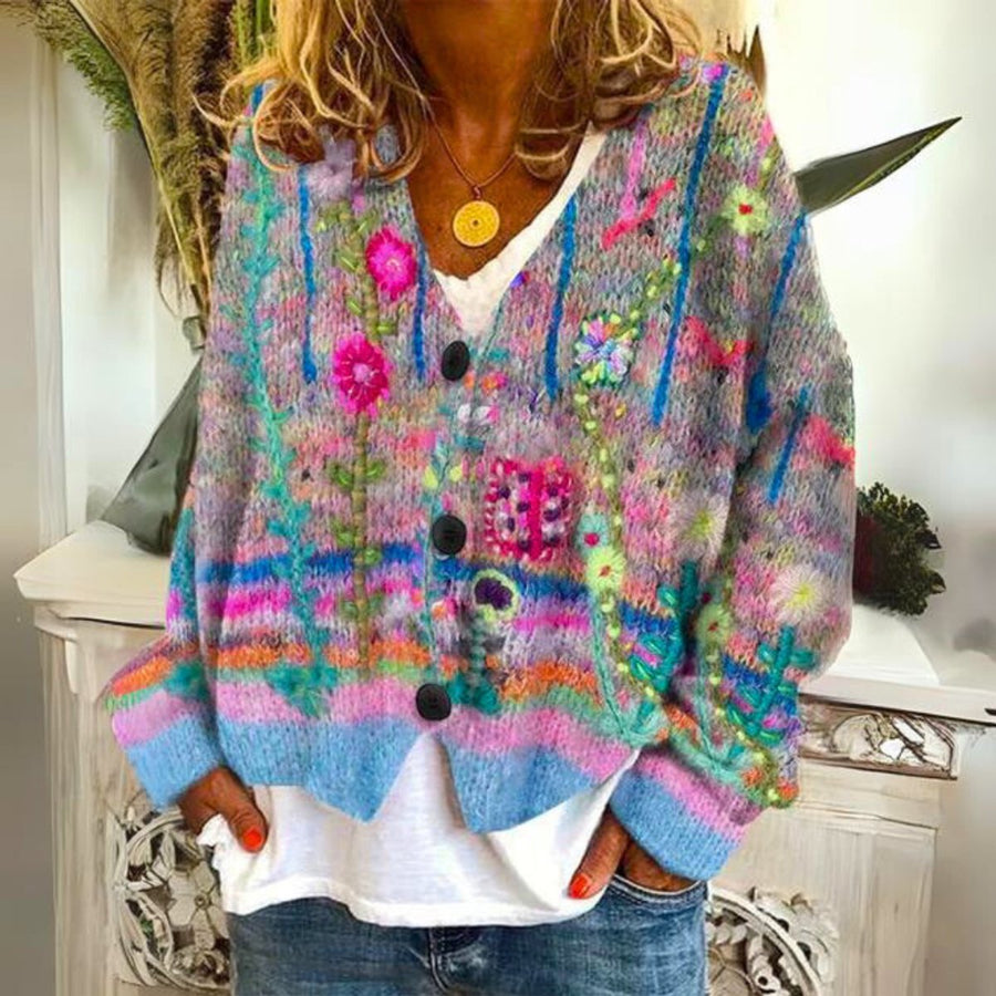 Evelyn | Women's Floral Embroidered Multicoloured Button-Front Knit Sweater Cardigan