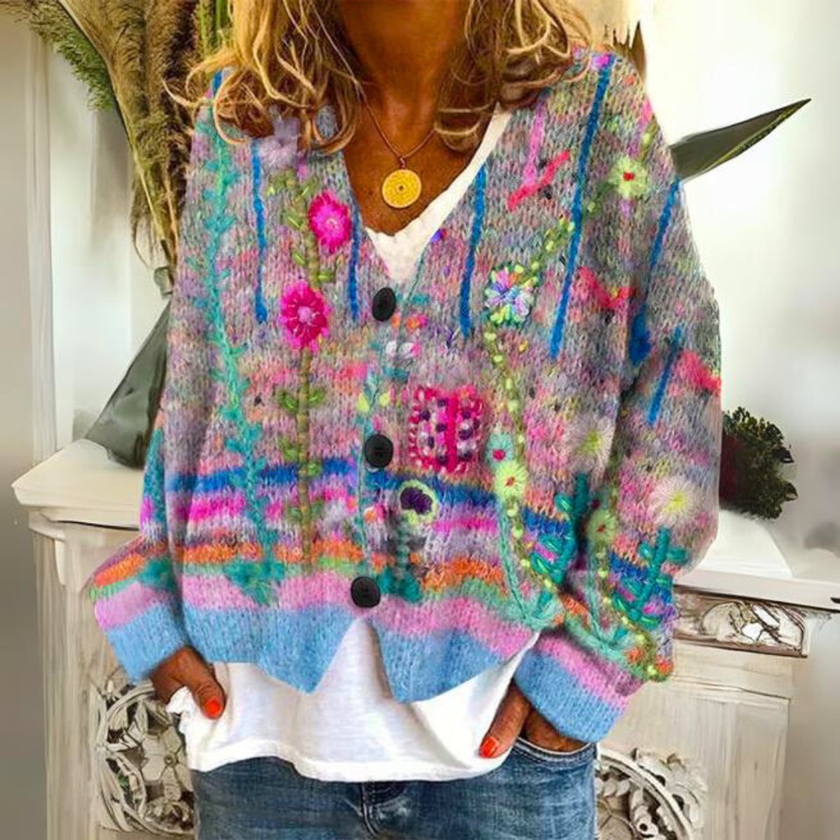 Evelyn | Women's Floral Embroidered Multicoloured Button-Front Knit Sweater Cardigan