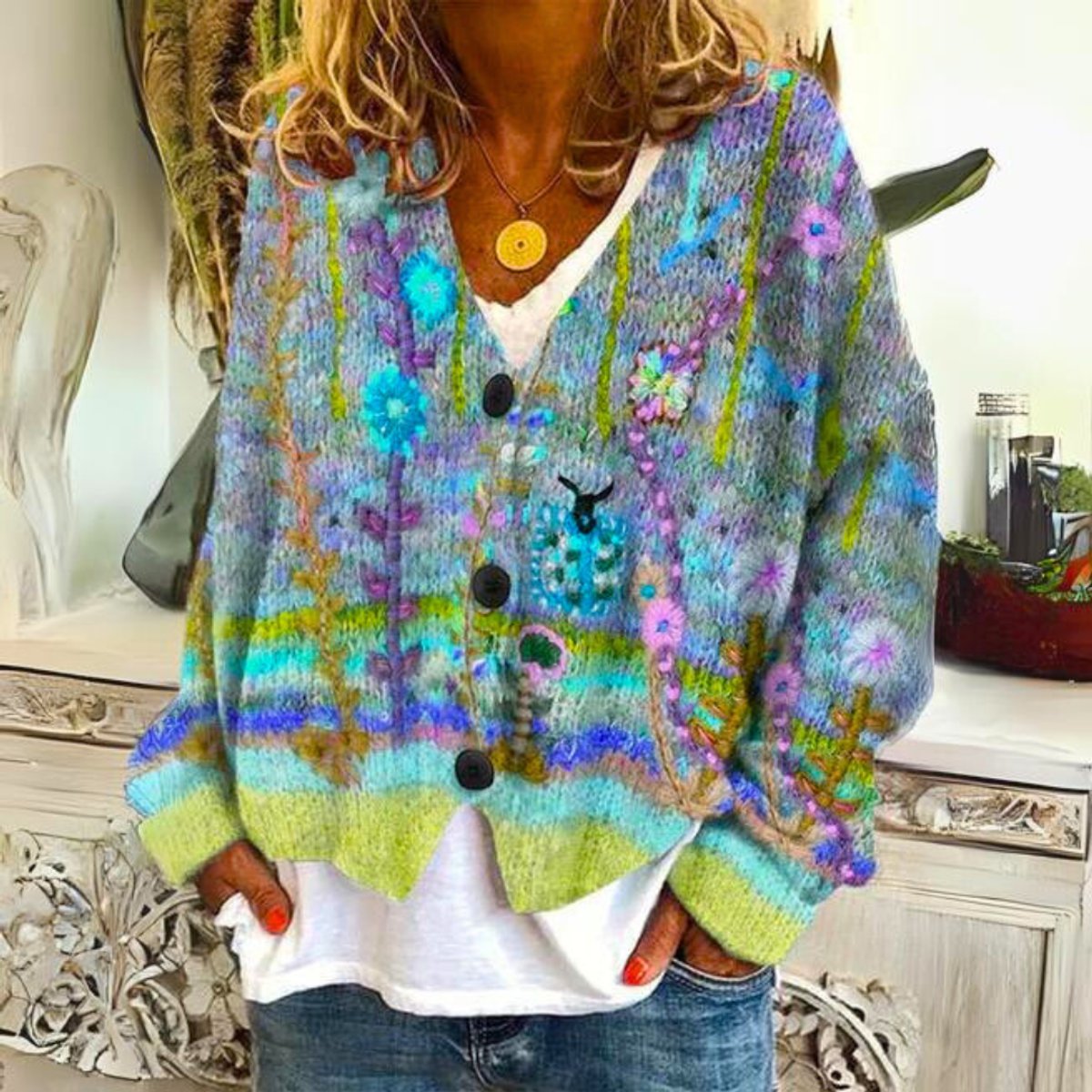 Evelyn | Women's Floral Embroidered Multicoloured Button-Front Knit Sweater Cardigan