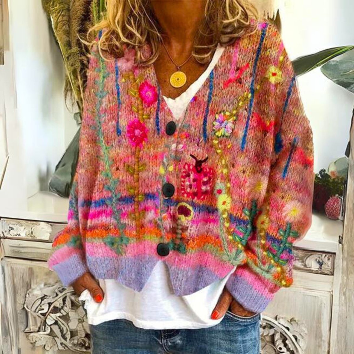 Evelyn | Women's Floral Embroidered Multicoloured Button-Front Knit Sweater Cardigan