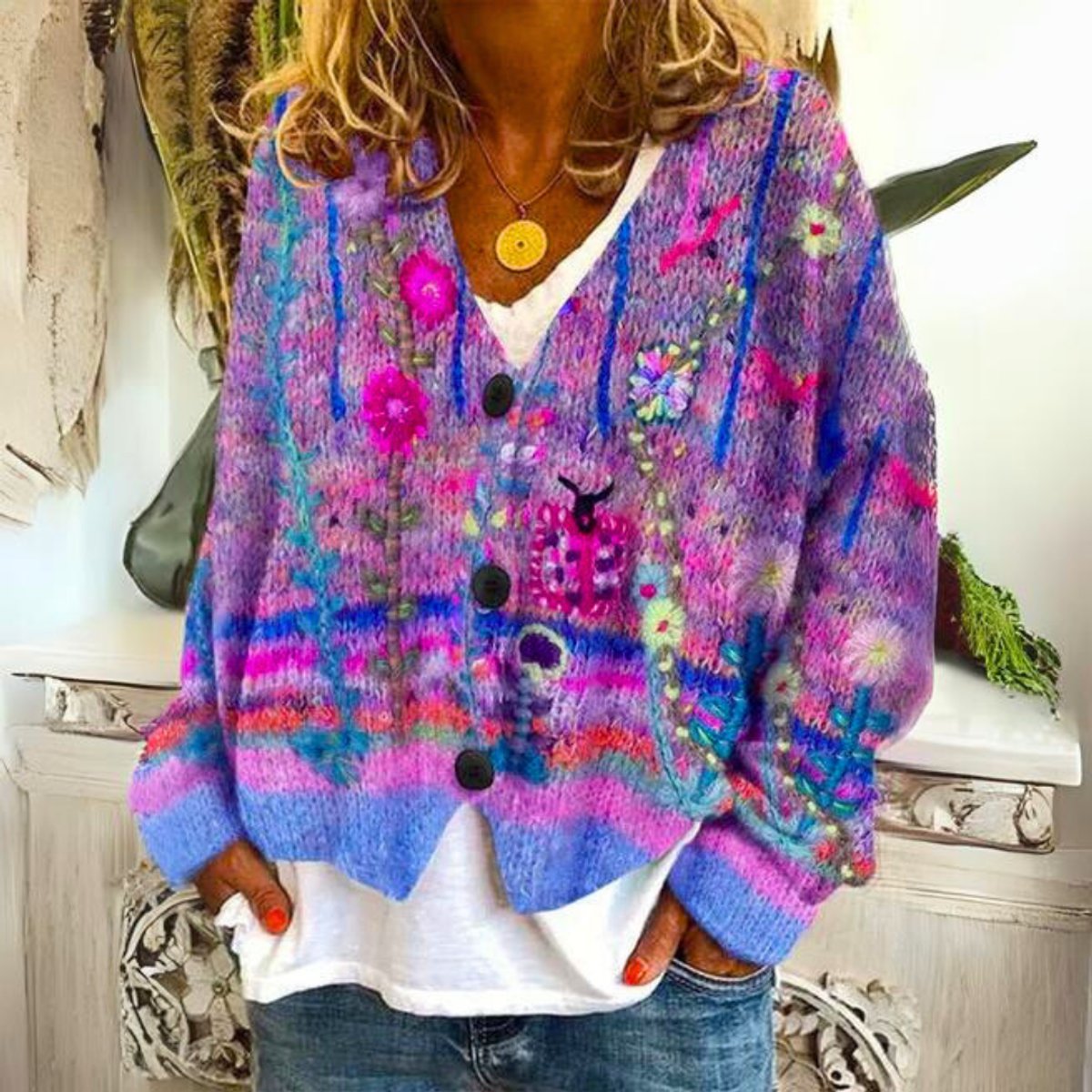 Evelyn | Women's Floral Embroidered Multicoloured Button-Front Knit Sweater Cardigan