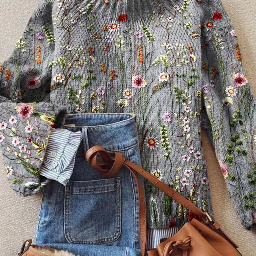 Sophia | Women's Floral Embroidered Turtleneck Sweater Relaxed Knit Pullover