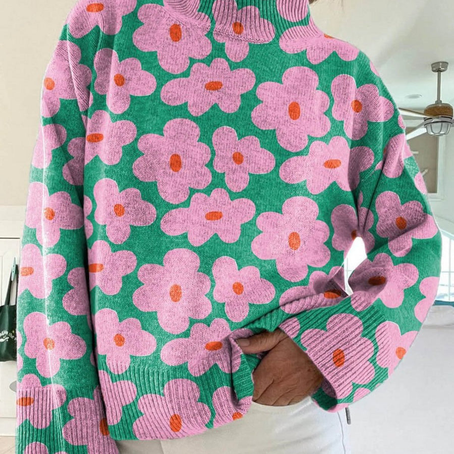 Evelyn | Women's Floral Turtleneck Sweater Ribbed Knit Long Sleeve
