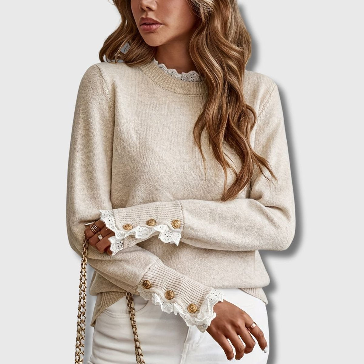 Sophia | Women's Lace-Trim Ribbed-Cuff Button-Detail Knit Sweater