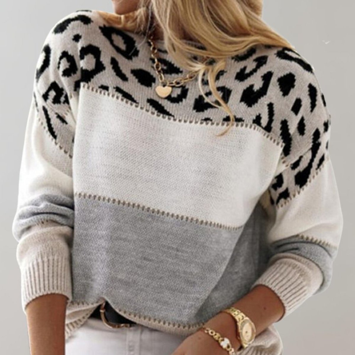 Grace | Women's Leopard Print Colour Block Knit Pullover Sweater