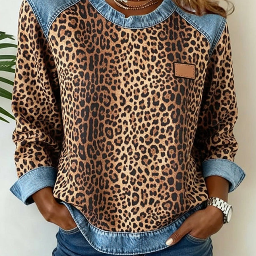 Olivia | Women's Leopard Print Denim Patchwork Pullover Sweater