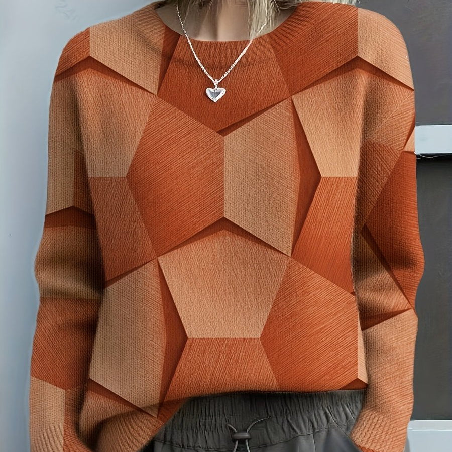 Charlotte | Women's Long-Sleeve Geometric Print Knit Sweater Crewneck Top