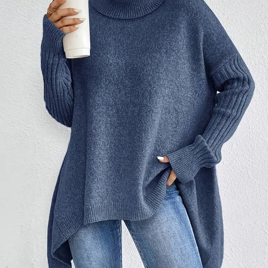 Mia | Women's Oversized Ribbed-Trim Turtleneck Sweater High-Low Hem