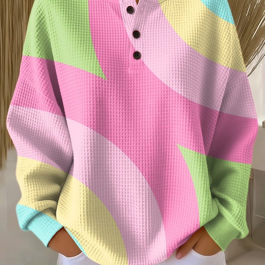 Isabella | Women's Pastel Colour Block Waffle-Knit Henley Pullover Sweater