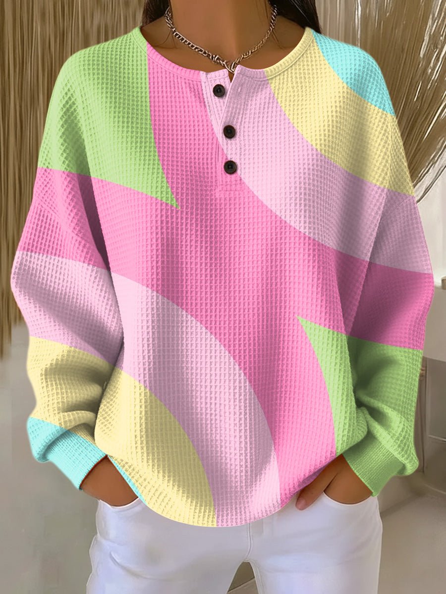 Isabella | Women's Pastel Colour Block Waffle-Knit Henley Pullover Sweater