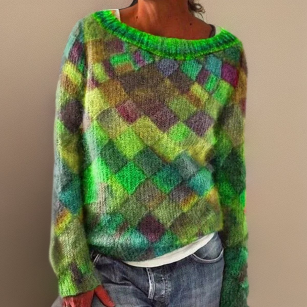 Eleanor | Women's Relaxed-Fit Colour Block Argyle Knit Sweater