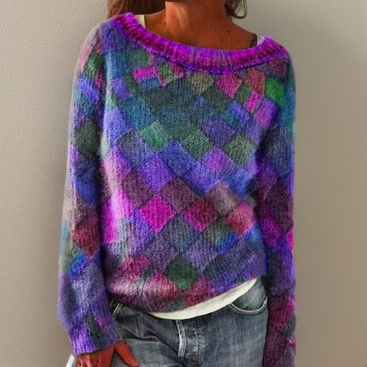 Eleanor | Women's Relaxed-Fit Diamond-Pattern Colourful Knit Sweater