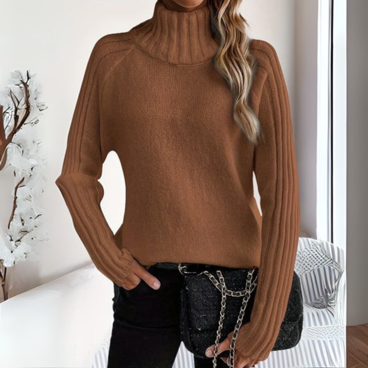 Victoria | Women's Ribbed Turtleneck Sweater Relaxed Raglan Pullover