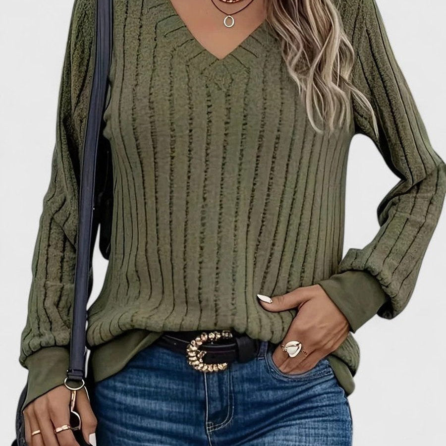 Penelope | Women's V-Neck Ribbed Cable Knit Sweater Long Sleeve Pullover