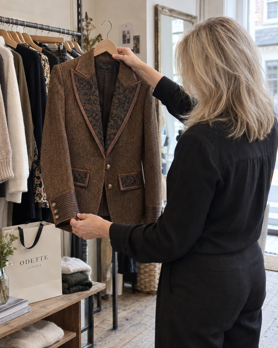 A woman holding the brown Theodora blazer on a hanger beside a clothing rail.